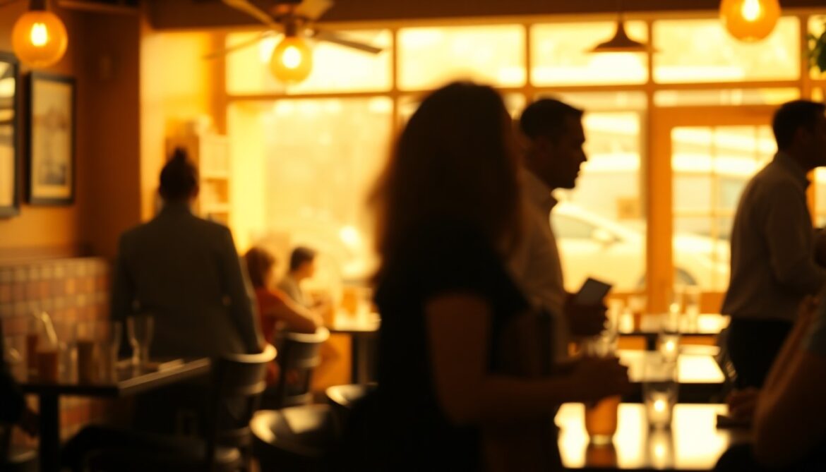 A softly focused, warm-toned photograph of a cozy restaurant interior, with blurred silhouettes of diners and servers moving through the frame, conceptually representing the intimate, inviting atmosphere of a beloved neighborhood eatery.