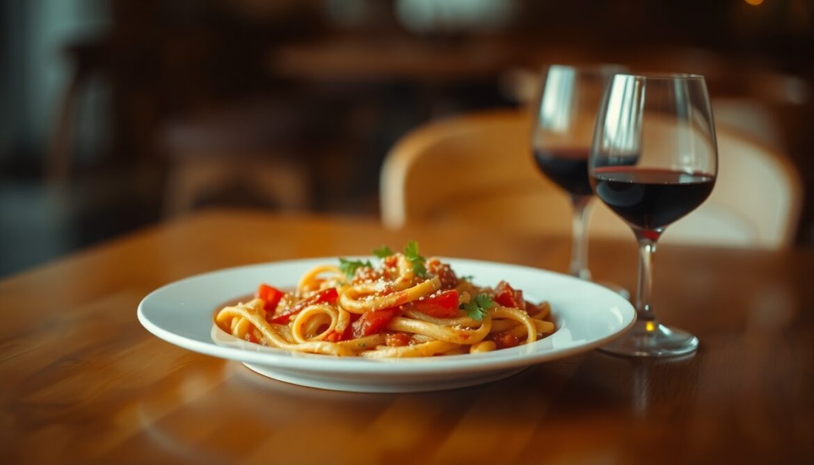 An impressionistic, blurred photograph featuring the warm glow of a plate of pasta and a glass of red wine on a wooden table, conveying the cozy, intimate atmosphere of an upscale Italian restaurant.