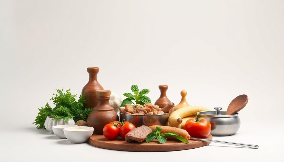 A high-end studio still life featuring a selection of premium Italian cooking ingredients and utensils, conceptually representing the artisanal quality and timeless tradition of Cibo