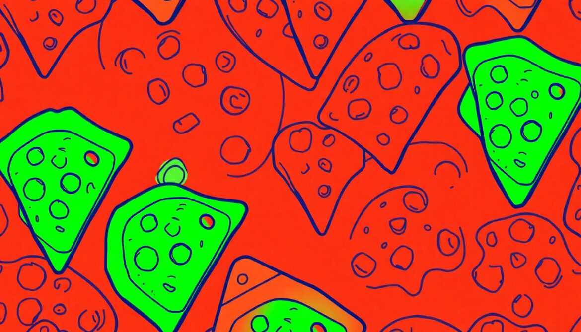 A highly stylized, pop art-inspired illustration featuring a repeating pattern of a single iconic Italian food item, such as a pizza slice or pasta dish, rendered in a bold, neon color palette with heavy black outlines, conceptually representing the celebratory energy of a community festival.