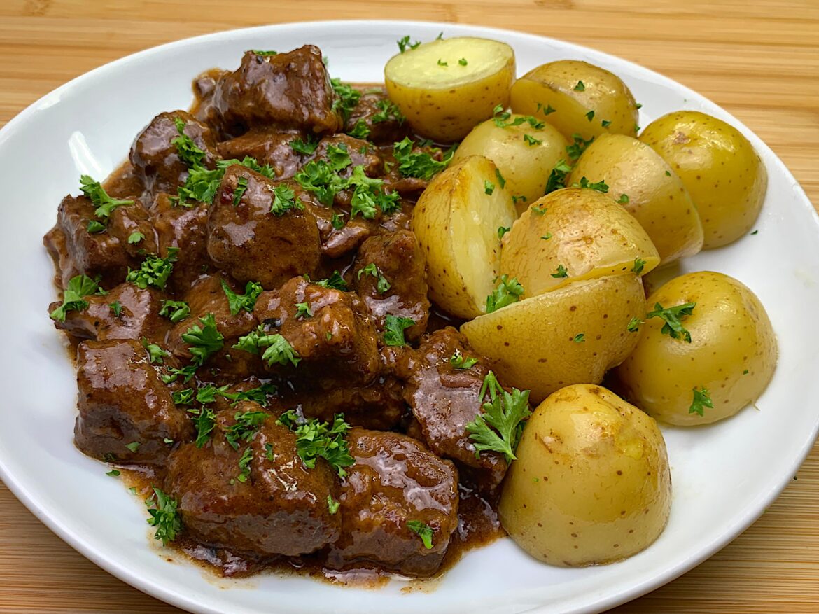 German Pepper Beef Stew with Buttered New Potatoes.