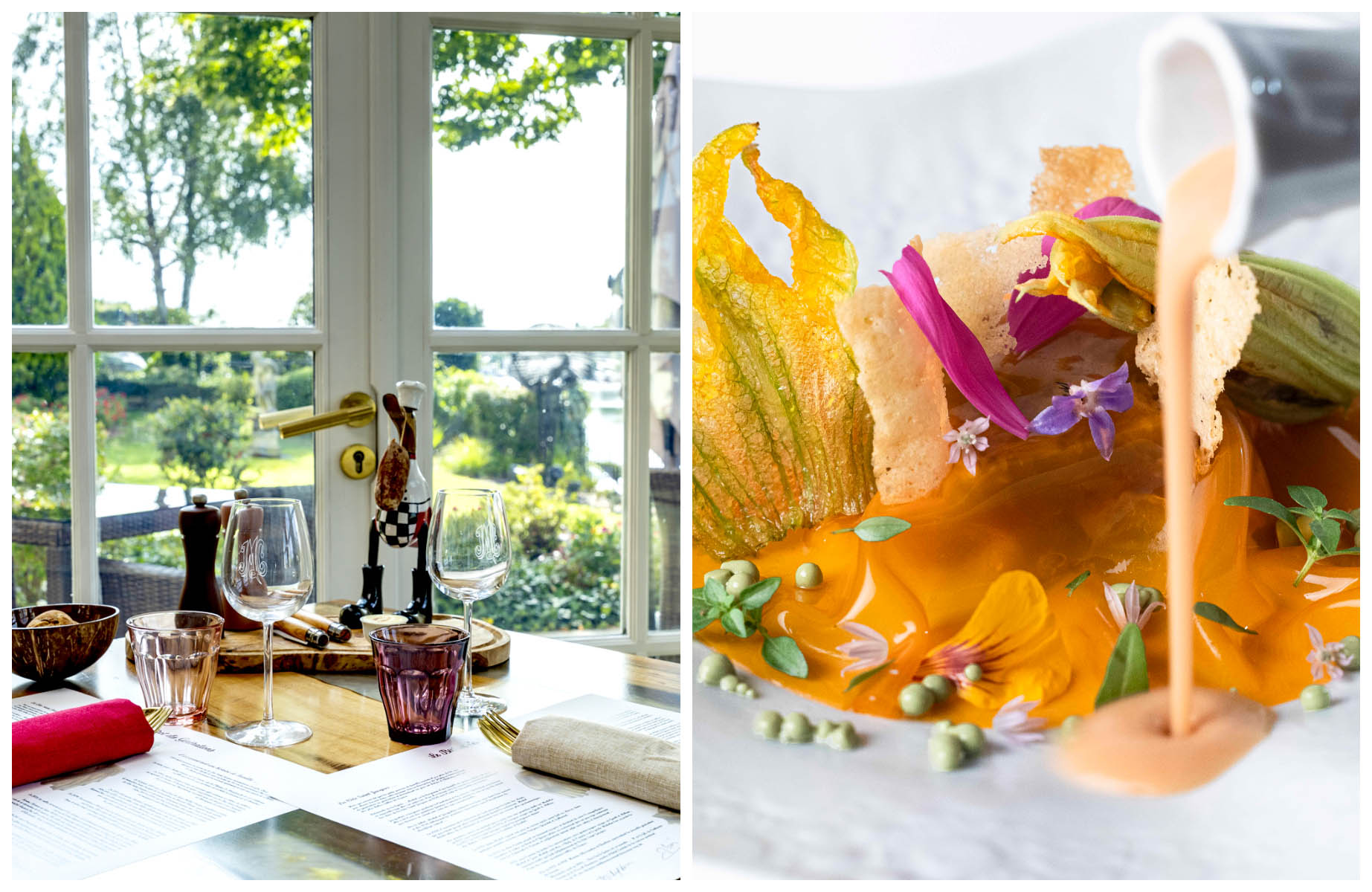 A picturesque view from a table at Le Bistrot des Générations and a vibrant dish from La Côte Saint-Jacques. © Jean-Michel Lorain/Le Bistrot des Générations, © Jean-Michel Lorain/La Côte Saint-Jacques