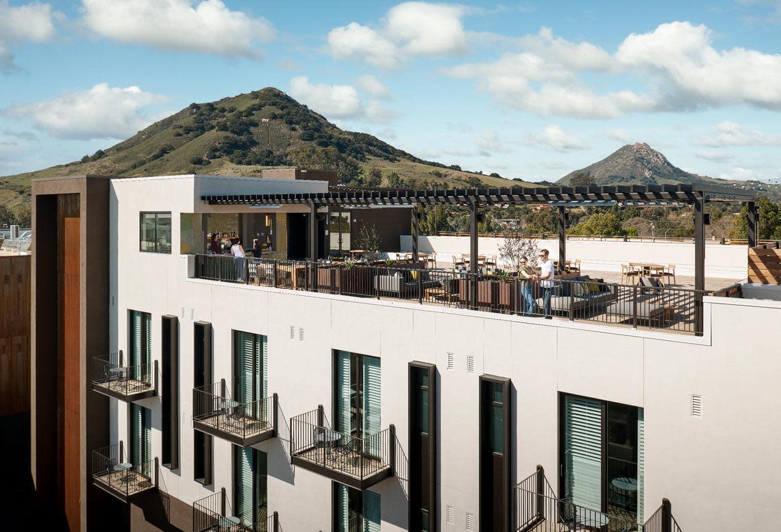 The rooftop High Bar and lounge at Hotel San Luis Obispo offers views of the surrounding hills and downtown. 