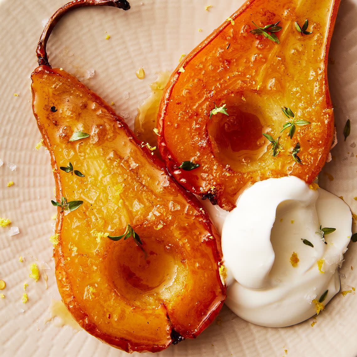 sliced pears roasted and caramelized in the oven with lemon zest