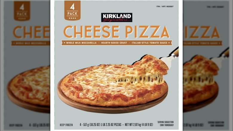 Gray box of Kirkland Signature Cheese Pizza