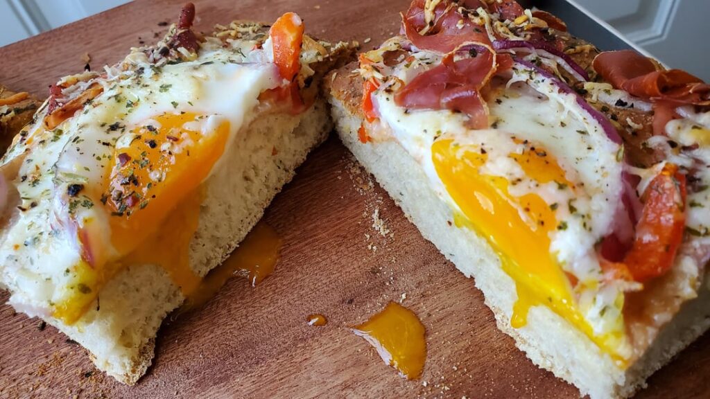 Prosciutto egg focaccia breakfast