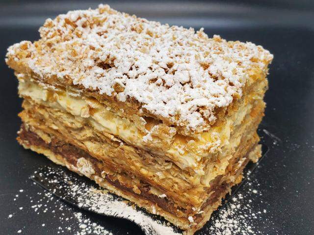 Dolce & Amaro’s Millefoglie is made with layers of puff pastry and vanilla pastry cream, then topped with powdered sugar.