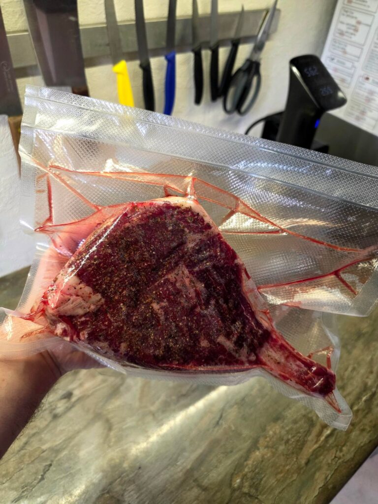 The tastiest and best steak I’ve ever made. First, I dry-brined it on a rack in the fridge for 36 hours, then cooked it for 3.5 hours at 56 degrees Celsius (132.8 degrees Fahrenheit). Finally, I seared it in a stainless steel skillet 🙂