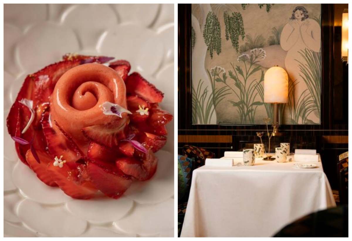 A refined strawberry dessert at One-Star restaurant Ombellule in Lyon, served in a 1930s Orient Express–inspired dining room of dark wood, frescoes, and claret banquettes. © Ombellule