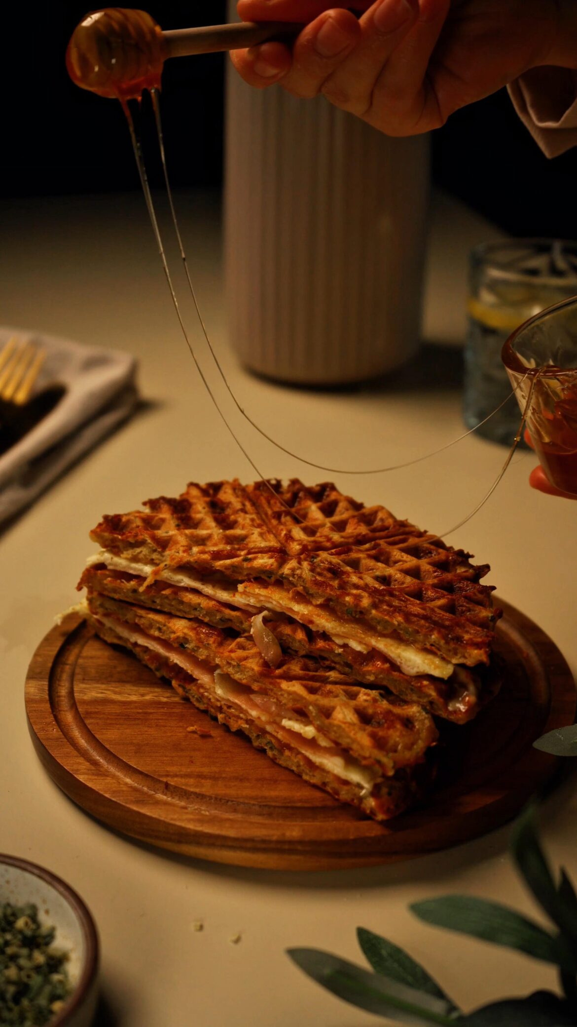 Crispy sandwich waffles with turkey, mozzarella & sweet chili mayo