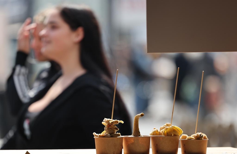 Artichoke snacks are displayed during a Roman artichoke festival in Ladispoli, Italy, April 10, 2026. The annual festival celebrating the harvest of the Roman artichoke kicked off on Friday. (Xinhua/Li Jing)
