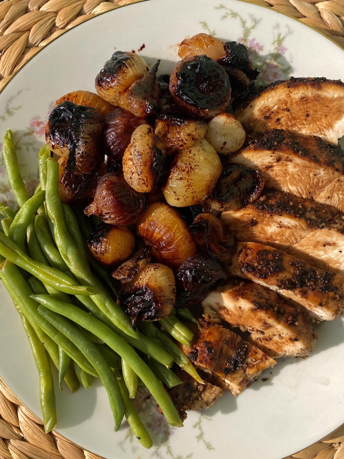 I’m on a weight loss and sobriety journey—balsamic chicken, caramelized onions, and green beans.