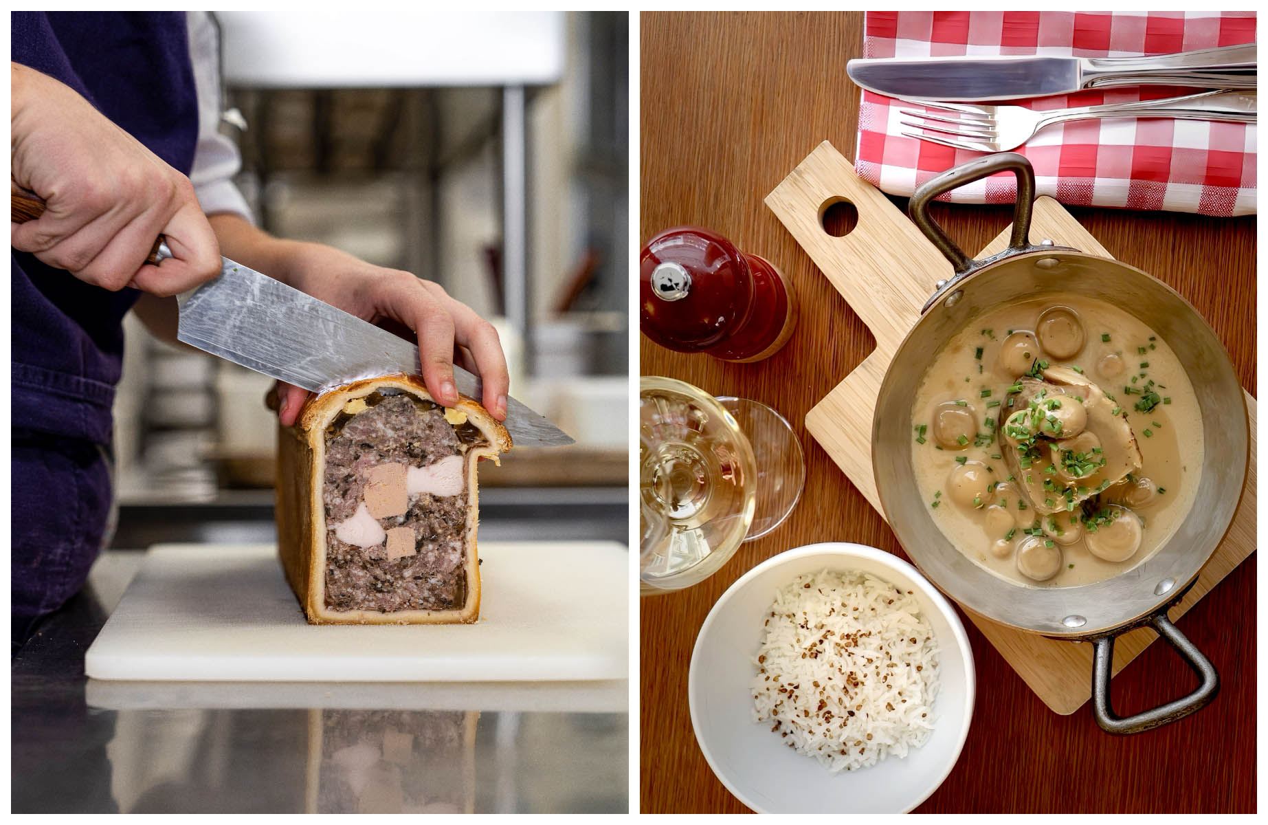 Pâté en croûte from Renée and hearty fare from À L'Improviste, two French restaurants reviving traditional dishes. © Le photographe du dimanche/Renée, © @agence_evidence/À L'Improviste