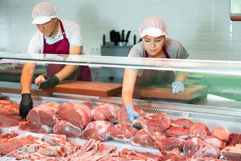 Adult man and young woman butchers in aprons put raw meat beef in butcher shop window