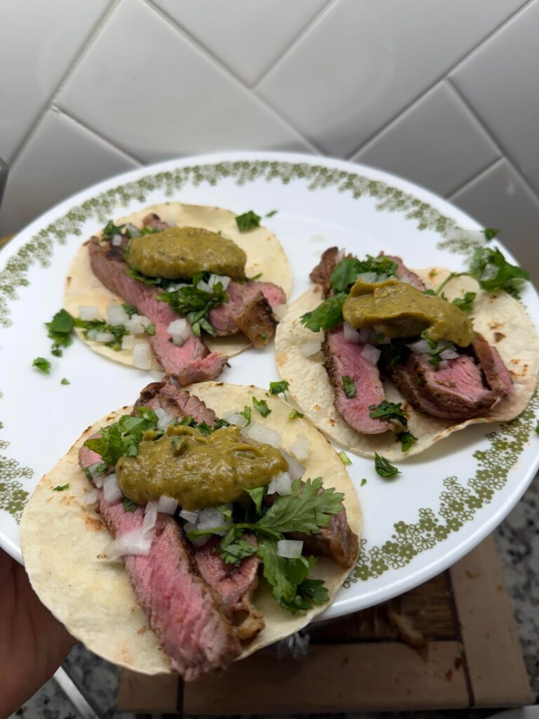Ribeye Tacos with a homemade poblano and avocado sauce