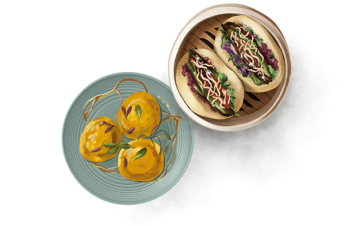 illustration of Lobster Ravioli and Duck Bao Buns