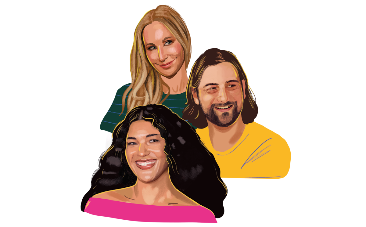 Illustration of Nikki Glaser, Noah Kahan, and Olivia Dean