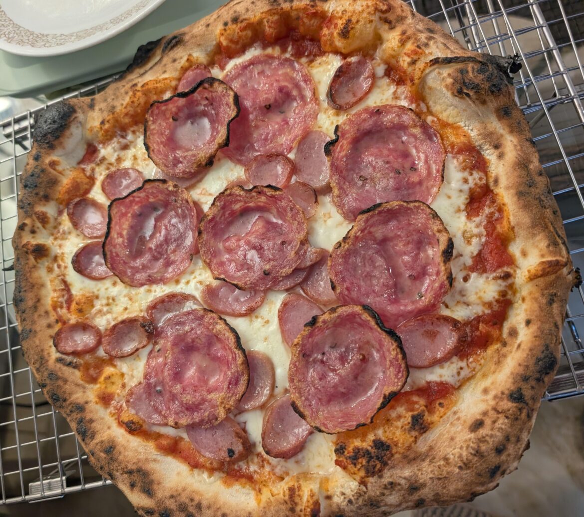 24 hour RT poolish, 65 hour CT, 5 hour RT, 70% hydration salami and kurobuta sausage