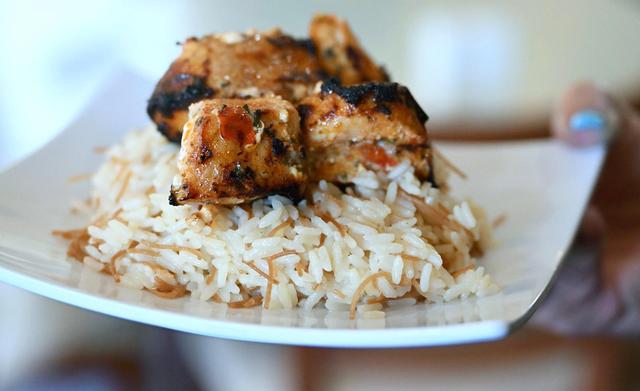 Chicken Kabob over rice pilaf, served at Tete’s Kitchen in Old Town Clovis. Photographed Thursday, July 10, 2025 in Clovis.