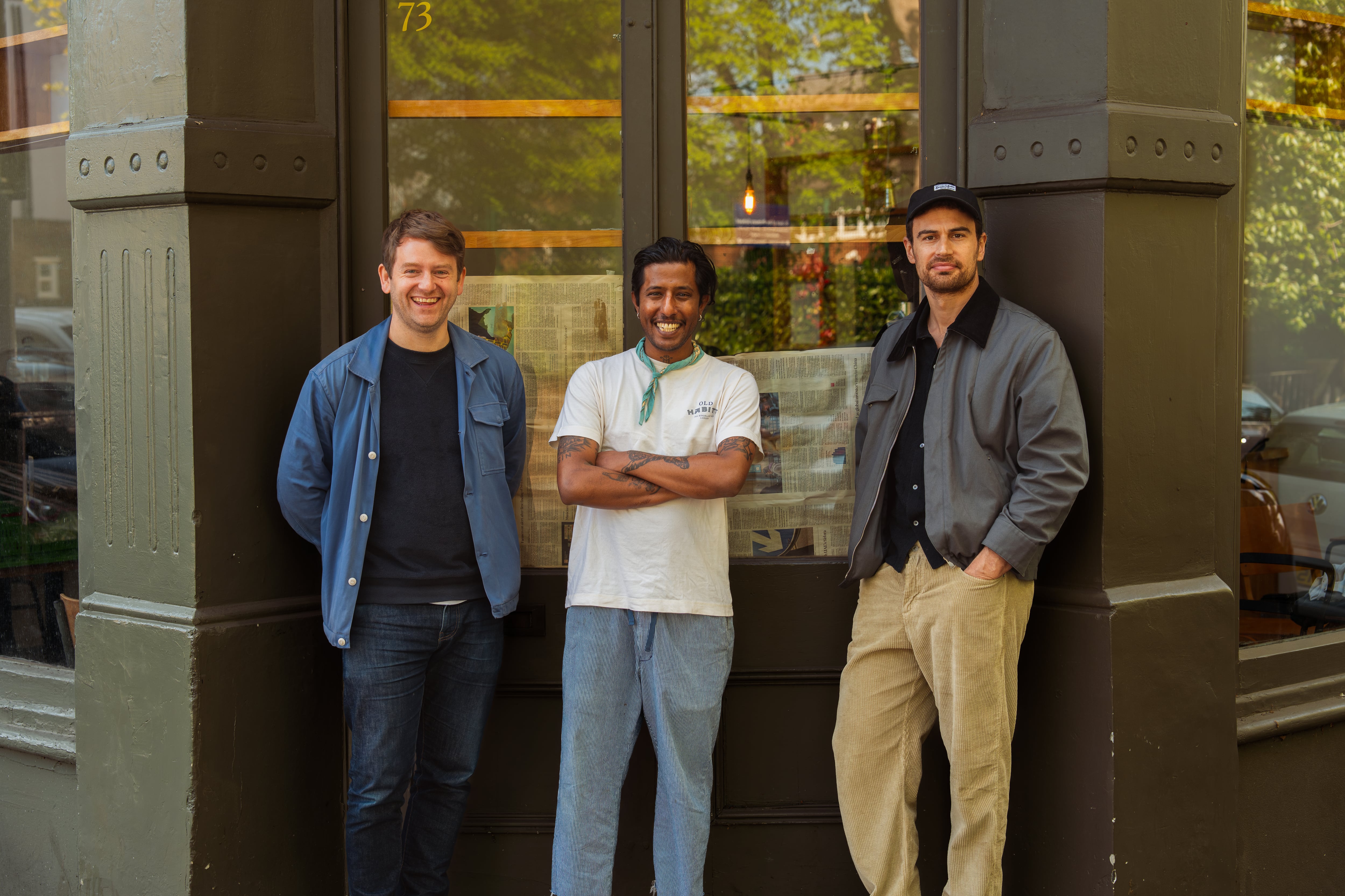 Ed Templeton, Naz Hassan and Theo James outside Lupa