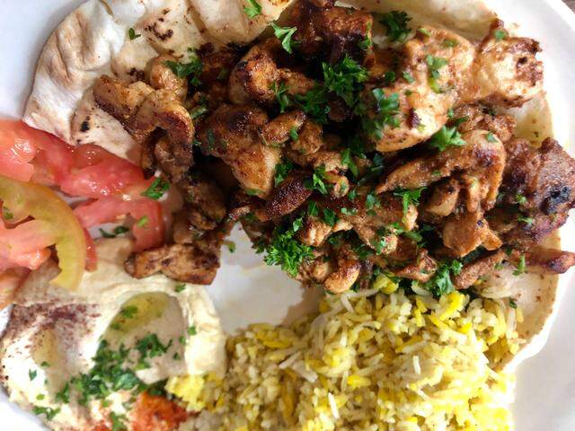 Chicken kebabs at Nish! Mediterranean Grill in River Oaks.