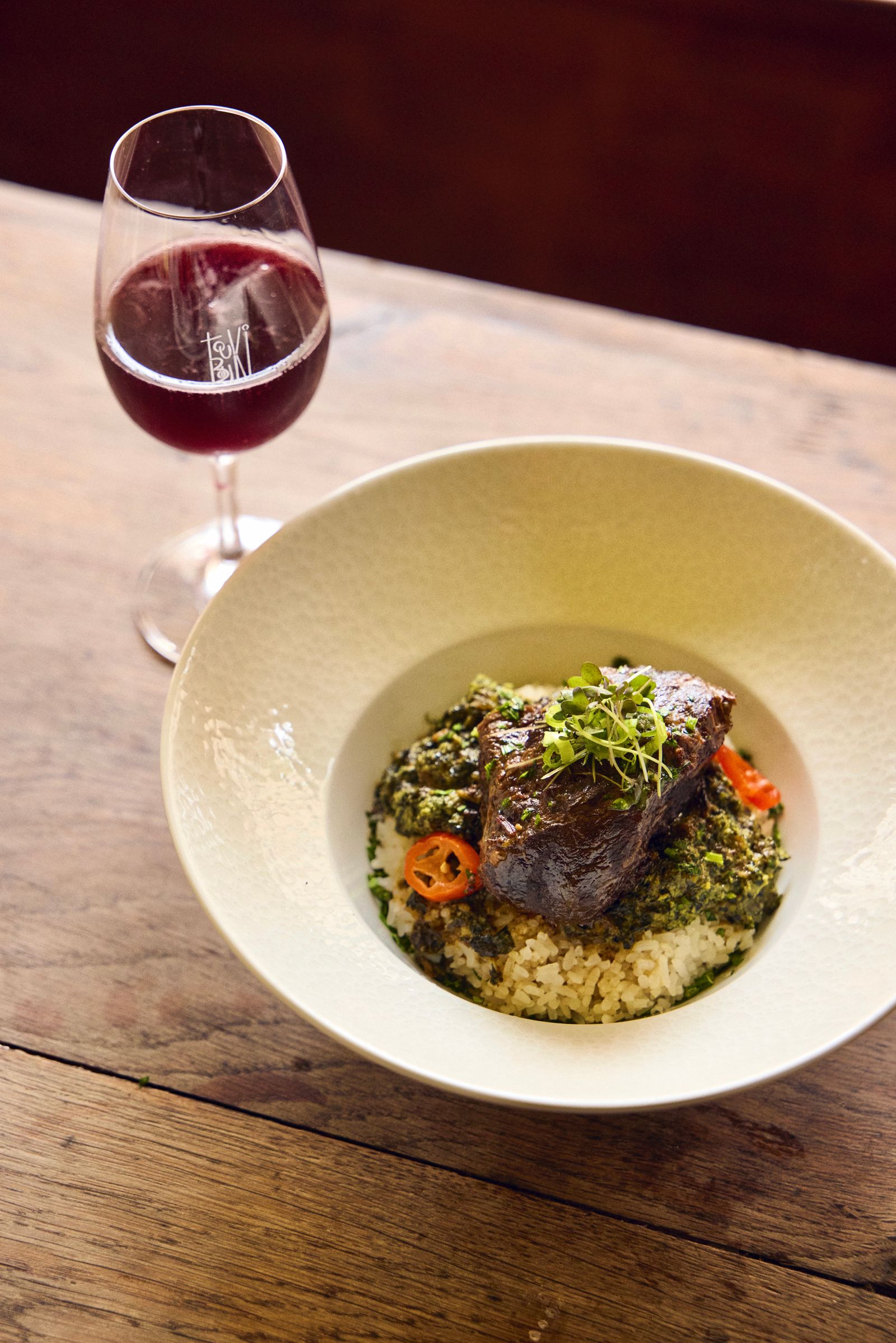 Image may contain Food Food Presentation Glass Plate Alcohol Beverage Liquor Red Wine Wine Beef Meat and Meal