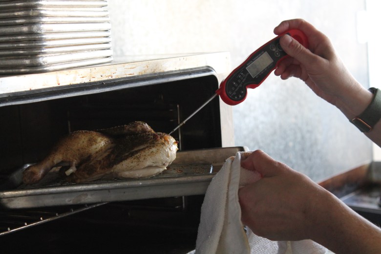 hands hold a thermometer checking a chicken in a pan in an oven.