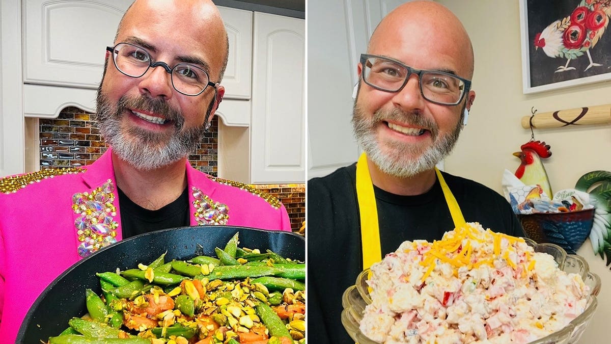 A split photograph shows celebrity chef Jason Smith holding spring peas and carrots on the left and a cornbread salad on the right.