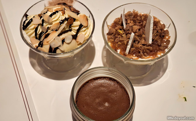 Crème Mont Blanc (S$8), Chocolate mousse (S$9) and Chocolat Liégeois (S$9)