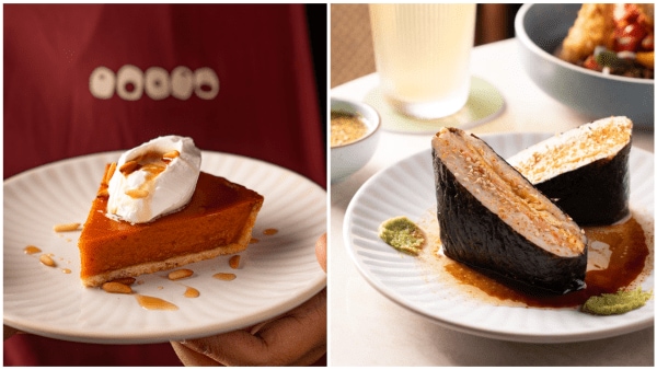 Tall ceilings, arches, and pillars set the tone at Portal, while a ceiling light that shifts from bright to warm to dim mirrors the rhythm of the day. A hand-painted mural depicts South Bombay and the neighbourhood of Kala Ghoda.