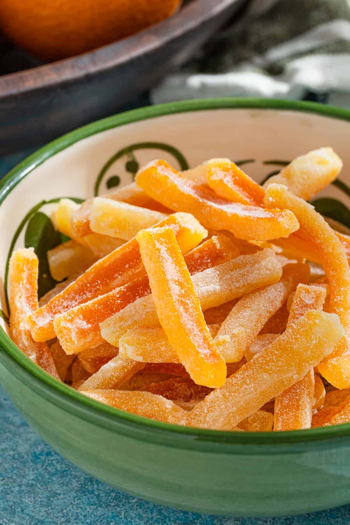 candied orange peels in a bowl.