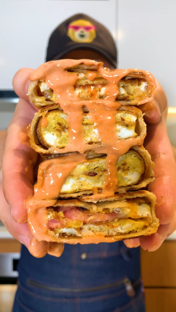 Golden Crispy Wrap with Bacon, Egg, Tomato & Chili Mayo