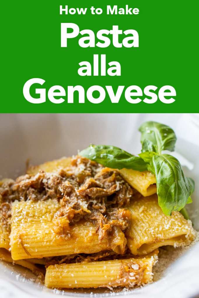 Pinterest image: photo of pasta alla genovese with caption reading