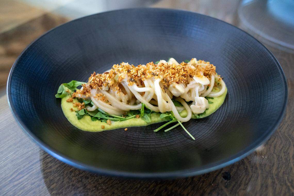 A pasta dish of bucatini with green garlic purée, crispy artichoke and capers is served at Allora in East Sacramento earlier this month.
