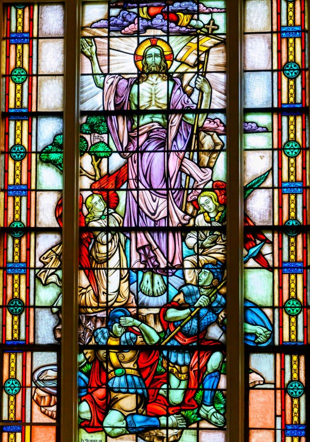 Sunlight illuminates the stained glass Saturday, April 4, 2026, during a blessing of the food baskets on Holy Saturday at St. Anne Catholic Church in Bethlehem. (April Gamiz/The Morning Call)