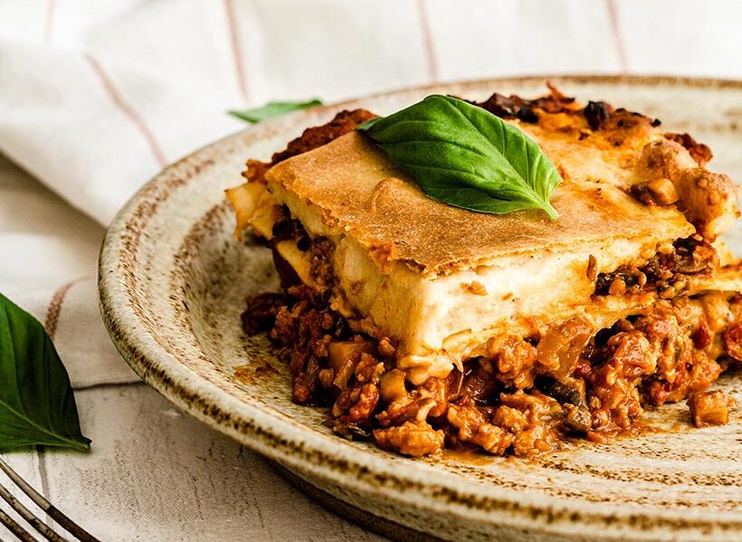 A slice of classic vegan lasagne on a plate