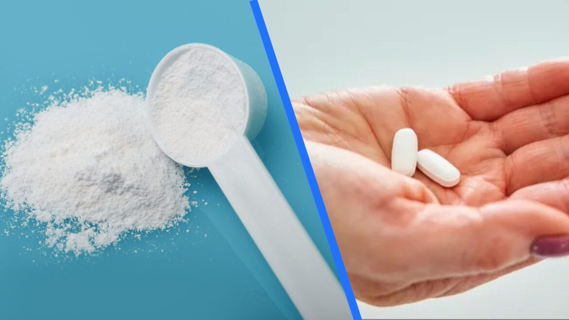 A split screen shows an image of glycine powder and an image of a woman's hand holding magnesium tablets.