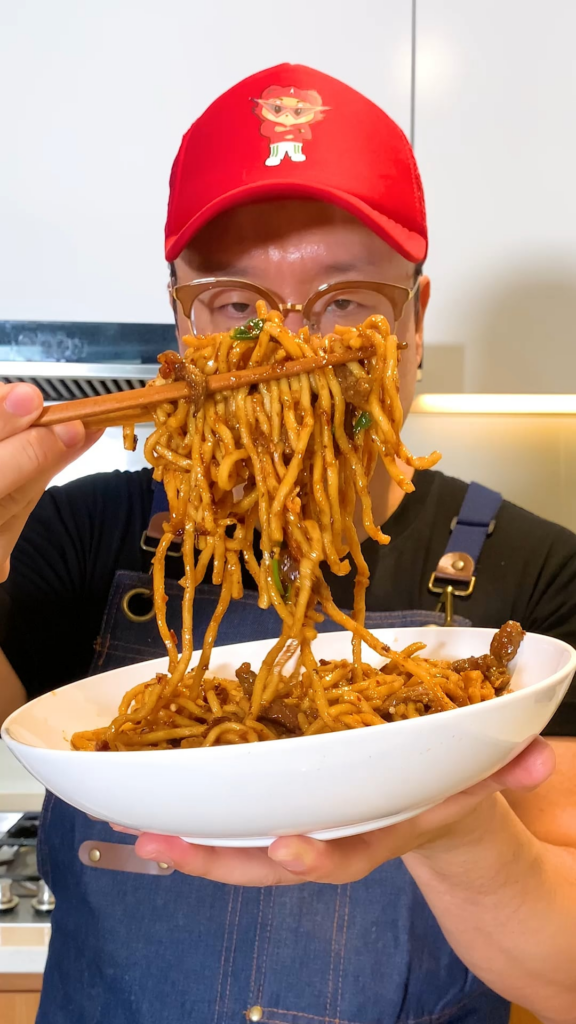 Spicy Chili Soy Beef Noodles with Sweet Caramelised Onions & Crispy Fried Shallots