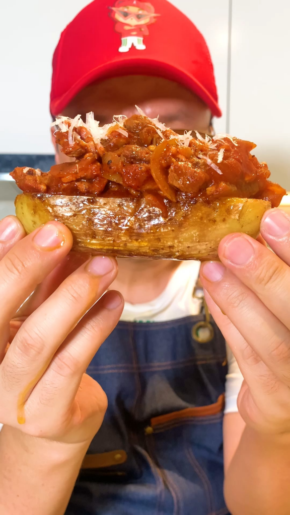 Buttery Potatoes with Bacon, Tomato & Savoury Beef, Parmesan Cheese Topping