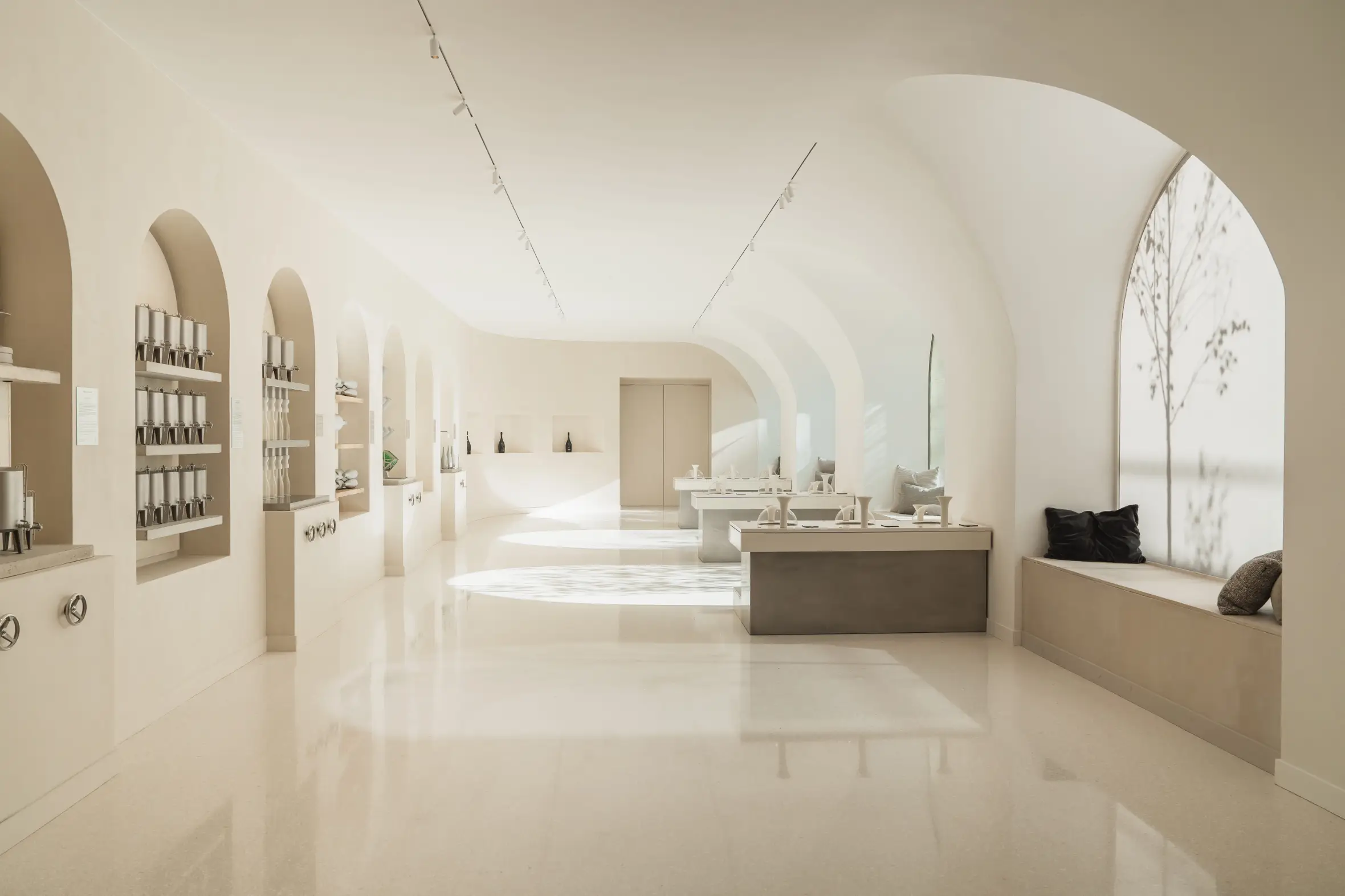 A brightly lit, minimalist space with arched alcoves displaying products and modern counters.