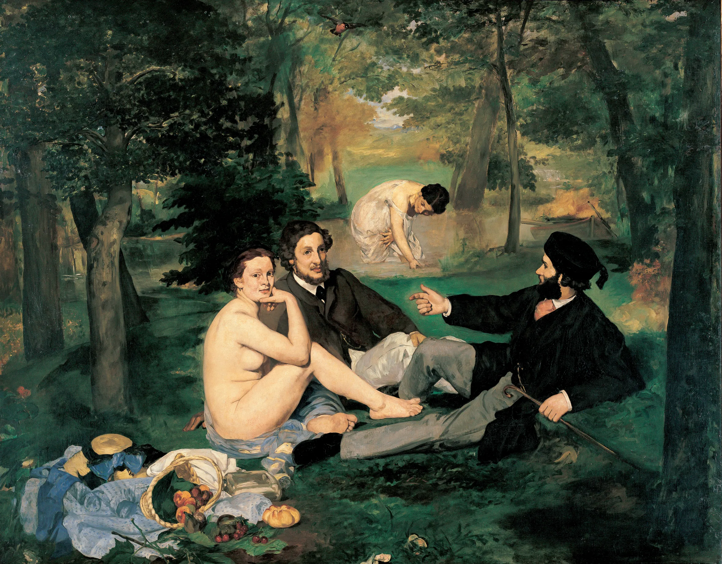 Illustration of Edouard Manet's "Luncheon on the Grass," showing two fully-dressed men and two partially-dressed women having a picnic in a wooded area.