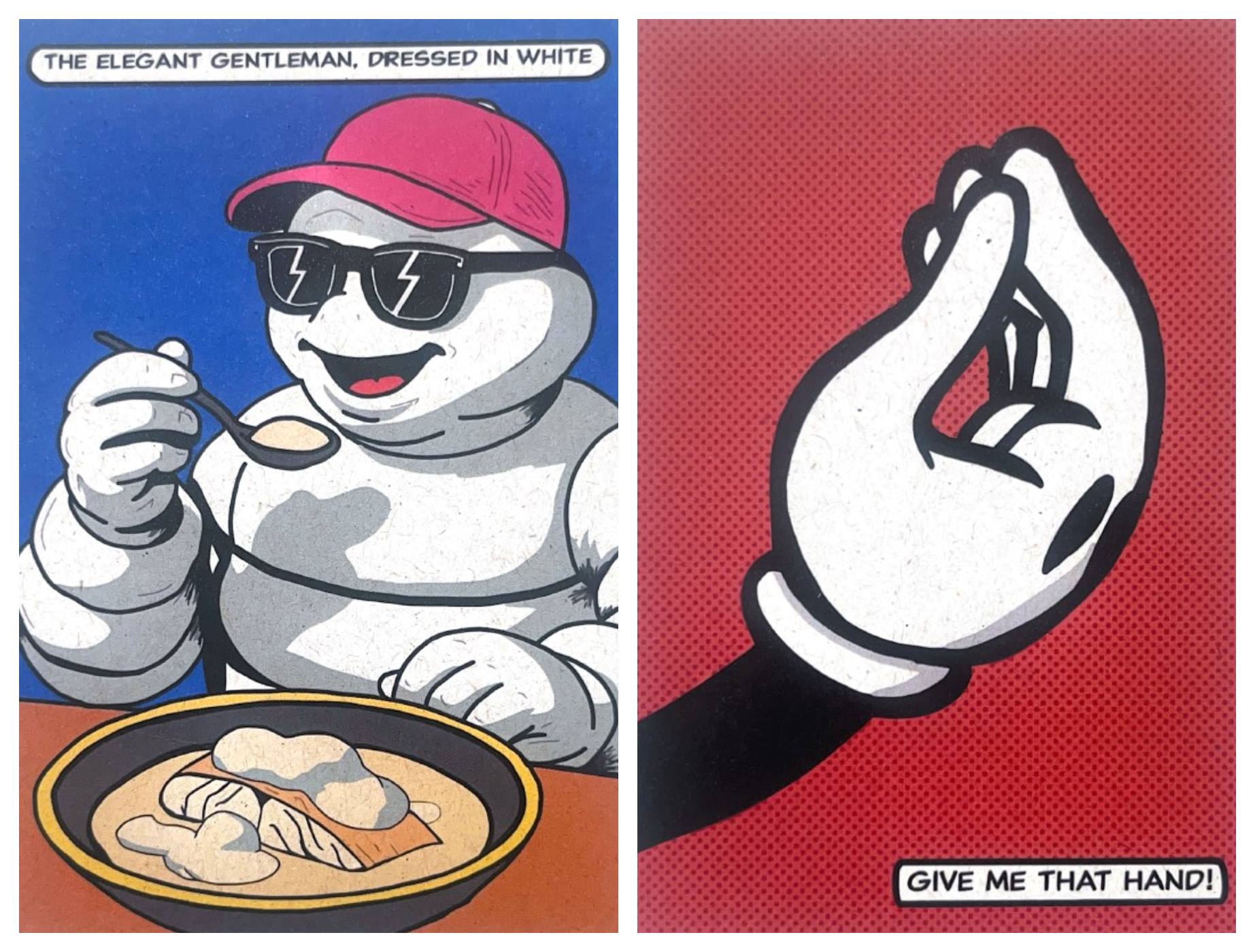 Two illustrated cards by Chef Luiz Filipe Souza, accompanying the dishes at Evvai. © MICHELIN Guide/Luiz Filipe Souza