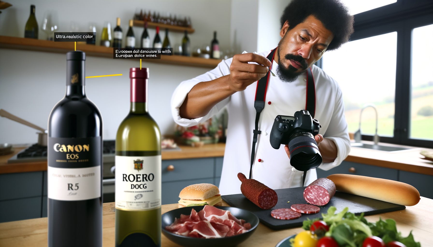 Chef creating a gourmet dish with European deli meats and wines