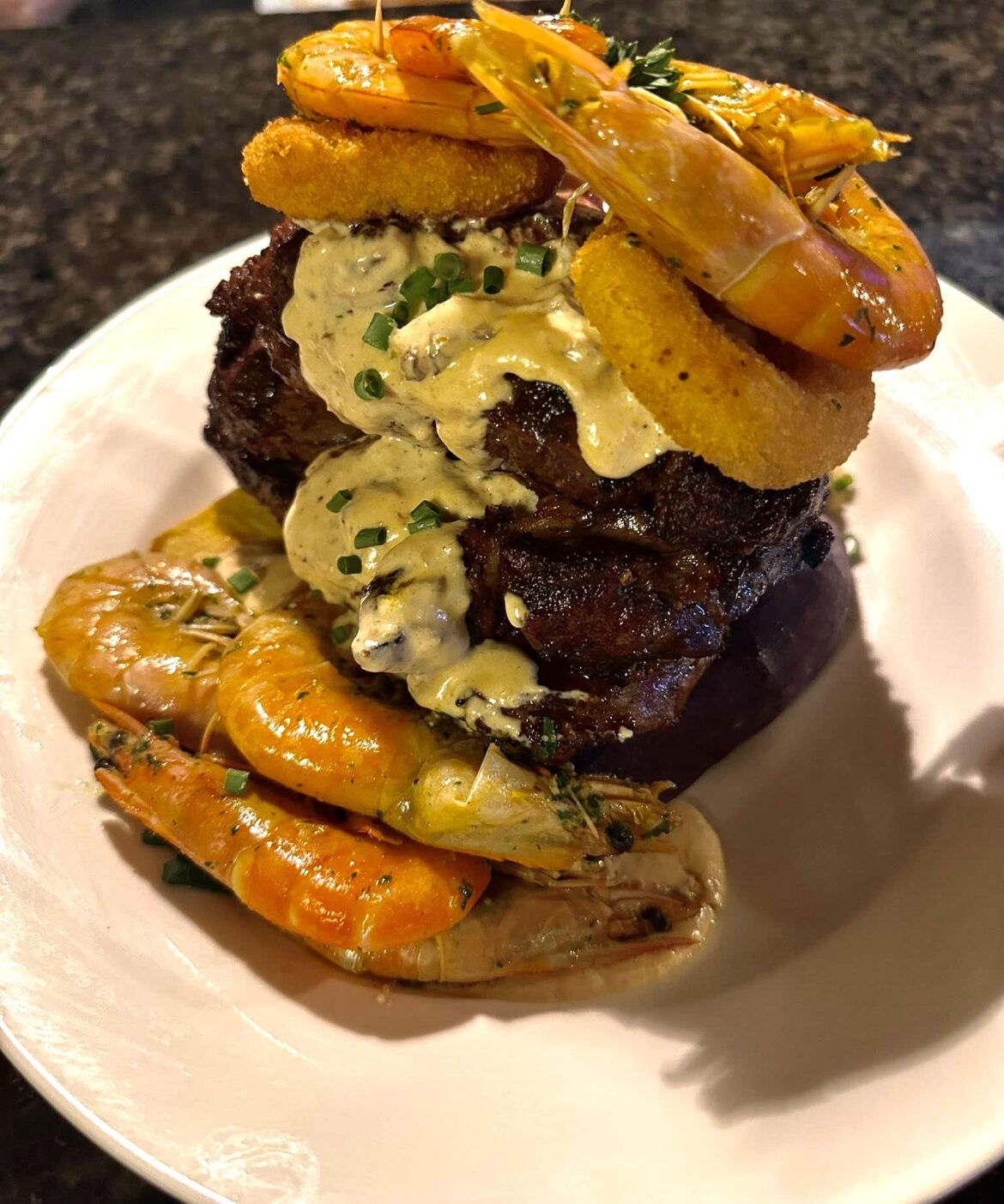 [OC] Surf and Turf Trio steak with garlic prawns