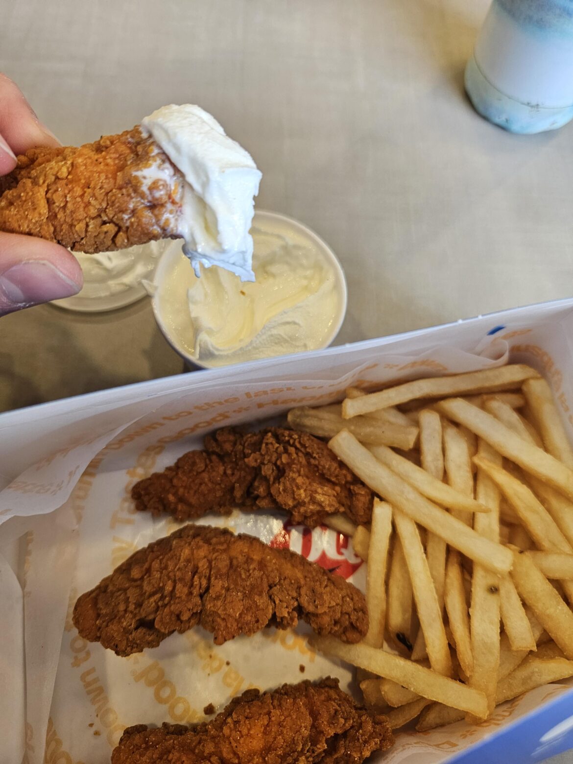 Dairy Queen spicy chicken strips with ice cream as the dipping sauce