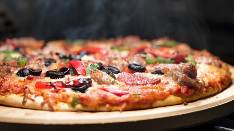 Closeup of thin-crust pizza