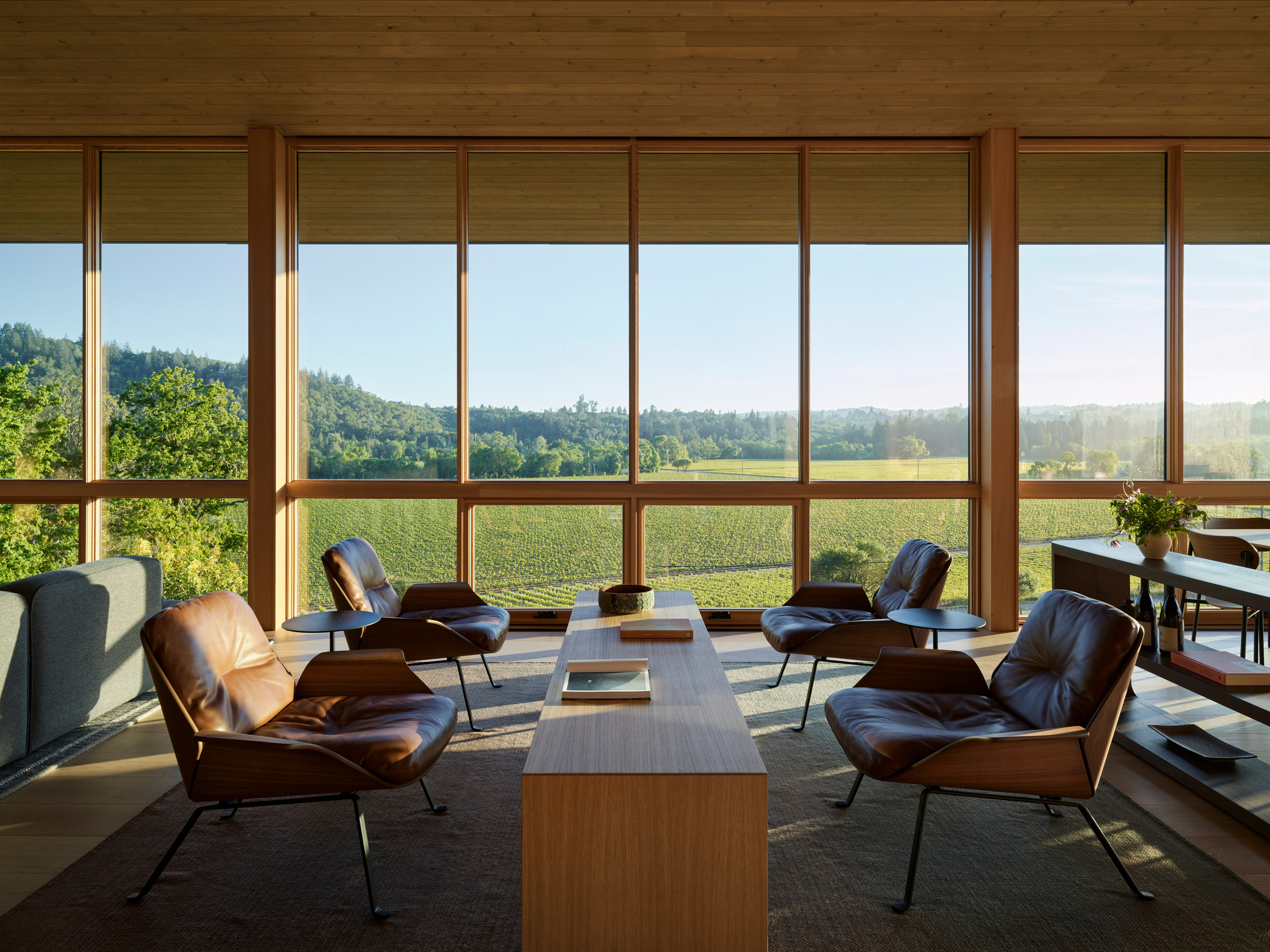 Lounge in a winery overlooking vineyards