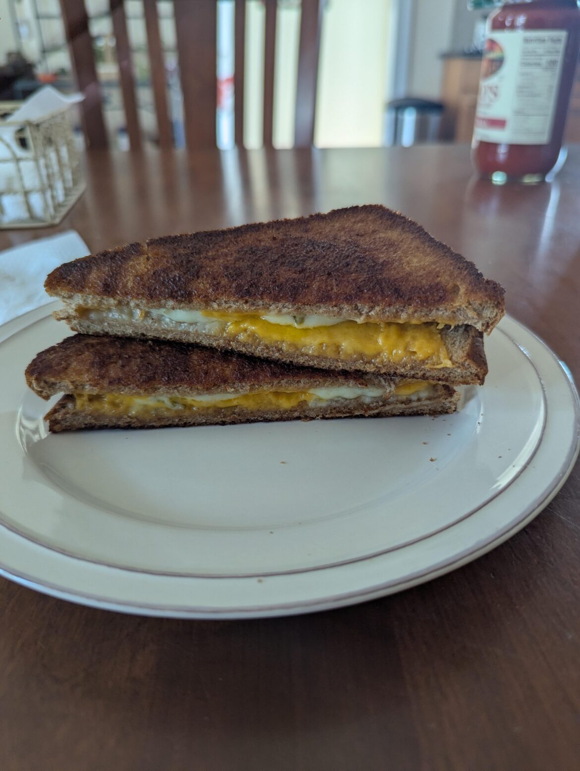 Extra sharp cheddar and pepper jack on whole wheat. Featuring mayo mixed with garlic powder, onion powder, and paprika for the bread.