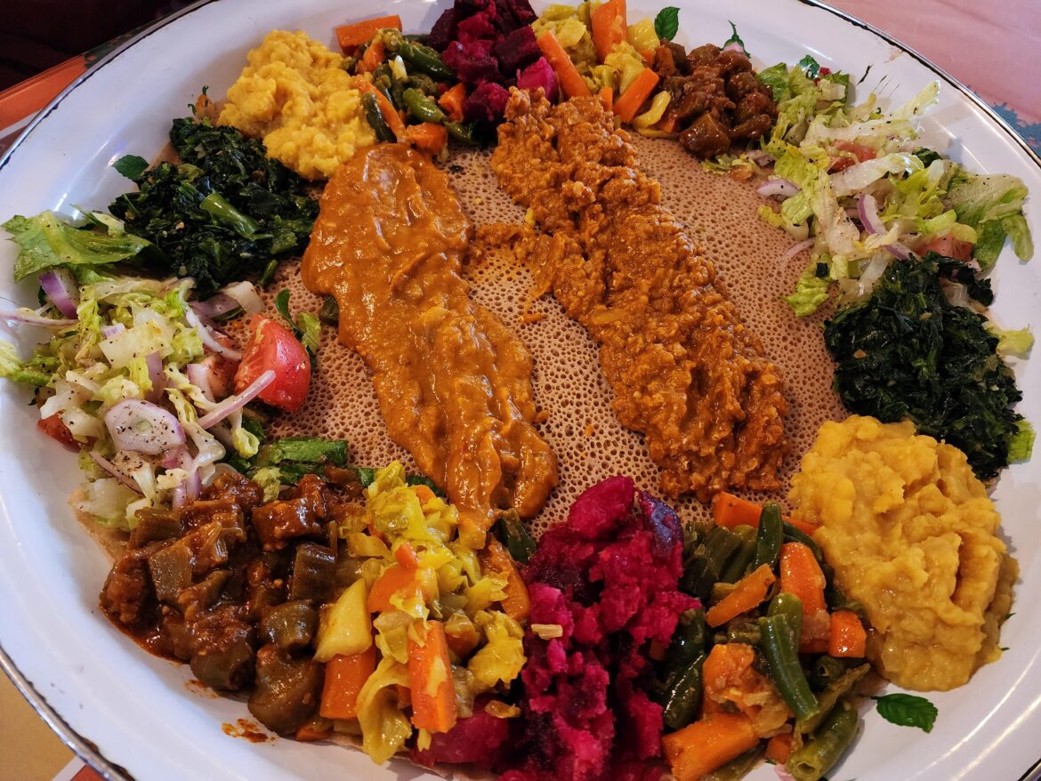 Injera with lentils and veggies