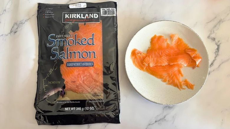Kirkland Signature Smoked Salmon in a package and on a plate